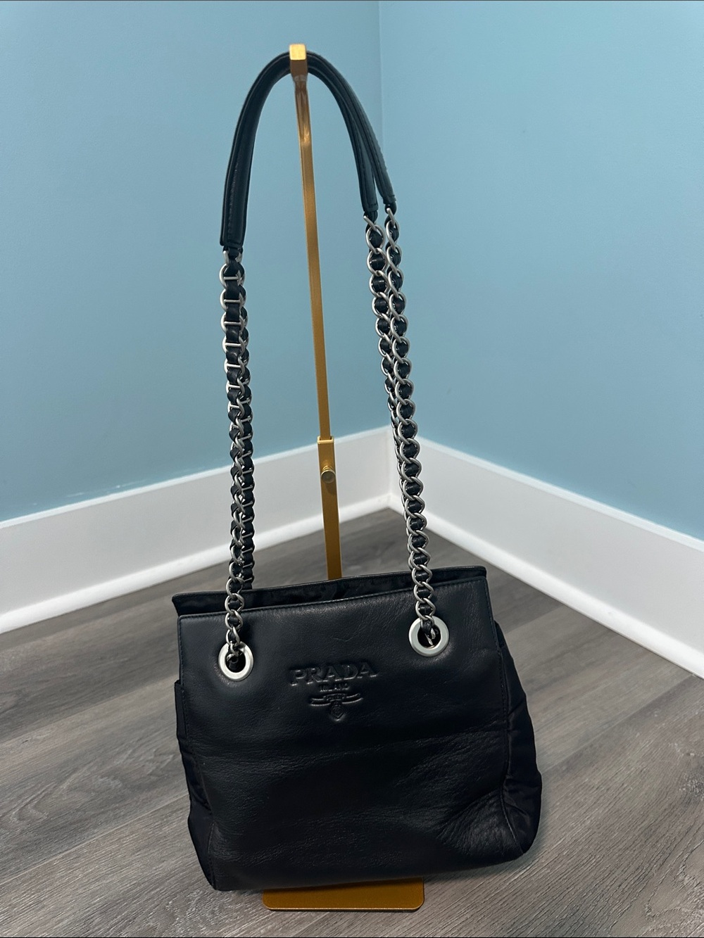 Vintage Prada Black Leather Shoulder Bag with Silver Chain Straps